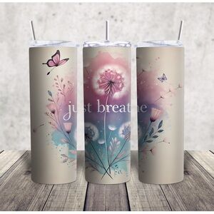 Hand Crafted Pink Blue Floral "Just Breathe" Tumbler
